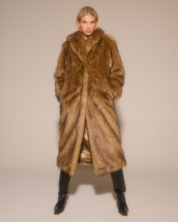 Full-Length Faux Fur Coat, Brown