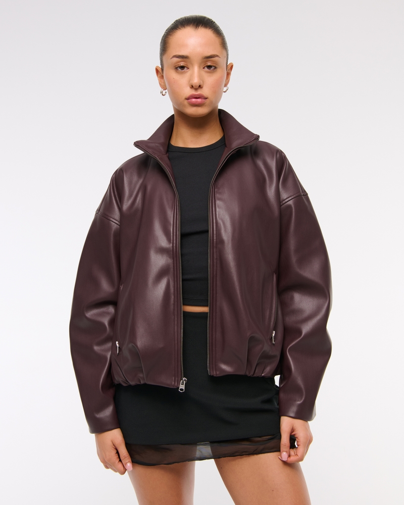 Bubble Hem Vegan Leather Bomber Jacket