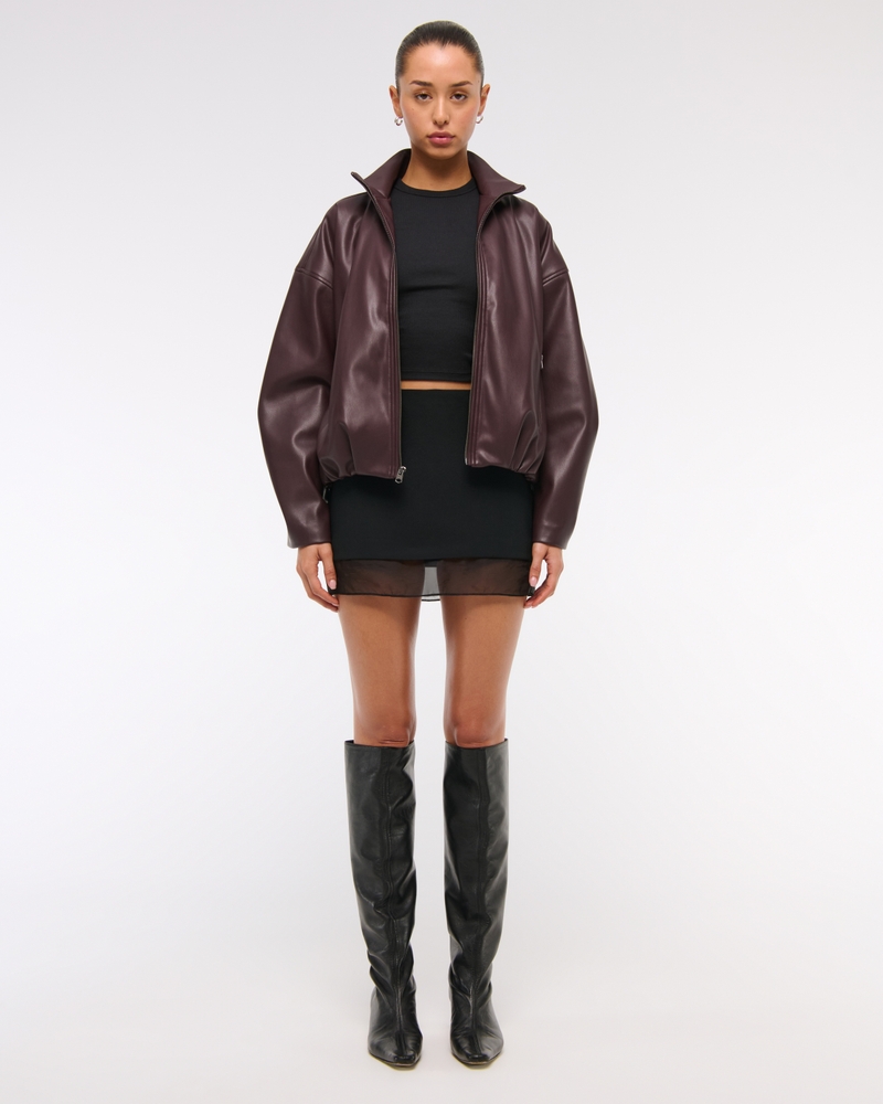 Bubble Hem Vegan Leather Bomber Jacket