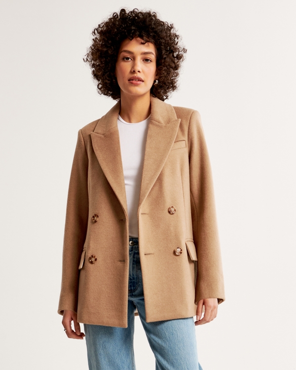 Wool-Blend Double-Breasted Mid Coat, Brown