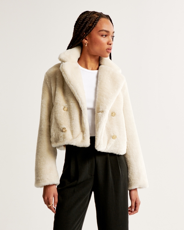 Short Double-Breasted Faux Fur Jacket, Warm Beige