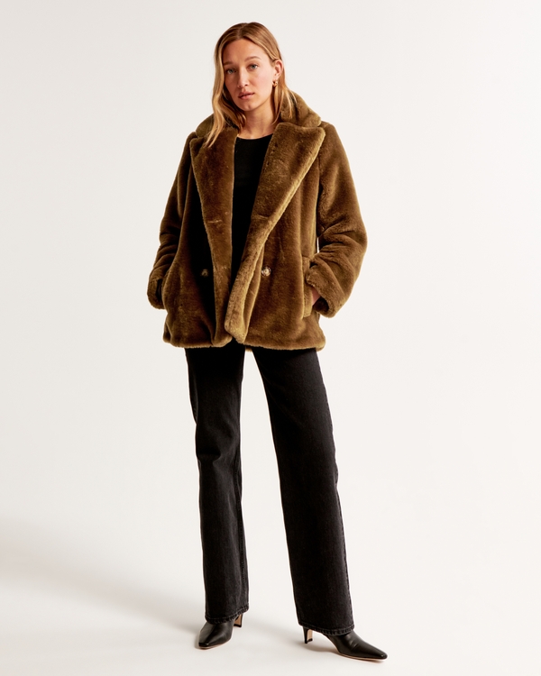 Double-Breasted Faux Fur Mid Coat, Brown