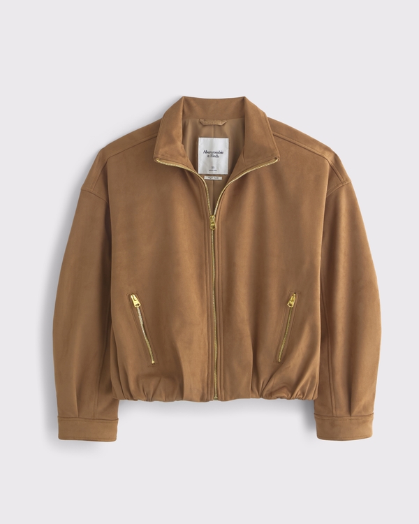 Bubble Hem Vegan Suede Bomber Jacket, Toasted Taupe view 1