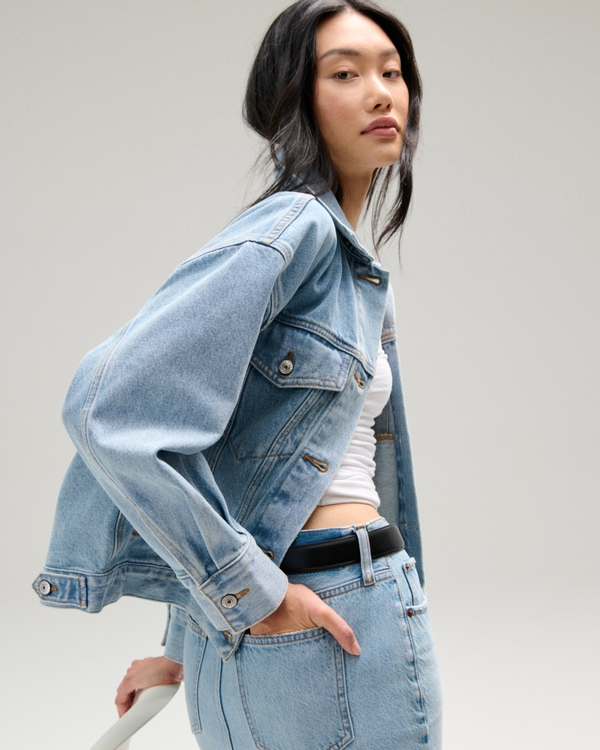 Oversized Distressed Denim Trucker Jacket, Light Wash view 1
