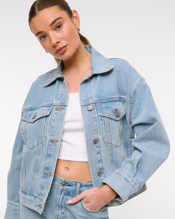 Oversized Distressed Denim Trucker Jacket, Light Wash view 2
