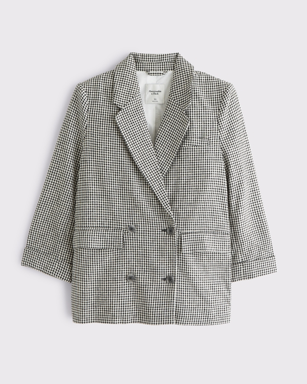 Double-Breasted Linen-Blend Slouchy Blazer, Black Gingham view 1