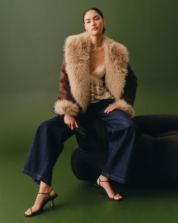 Vegan Suede Shearling Coat, Dark Coffee view 1