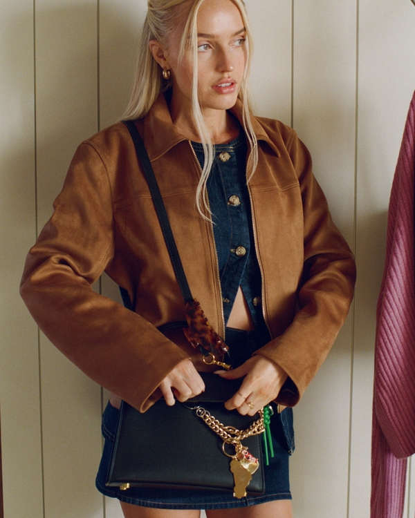 Zip-Front Vegan Suede Jacket, Toasted Taupe view 1