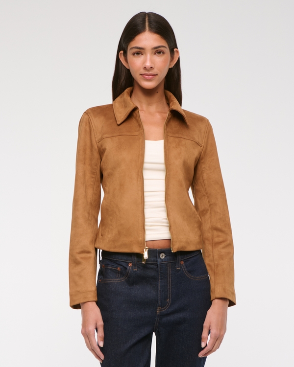 Zip-Front Vegan Suede Jacket, Toasted Taupe view 2