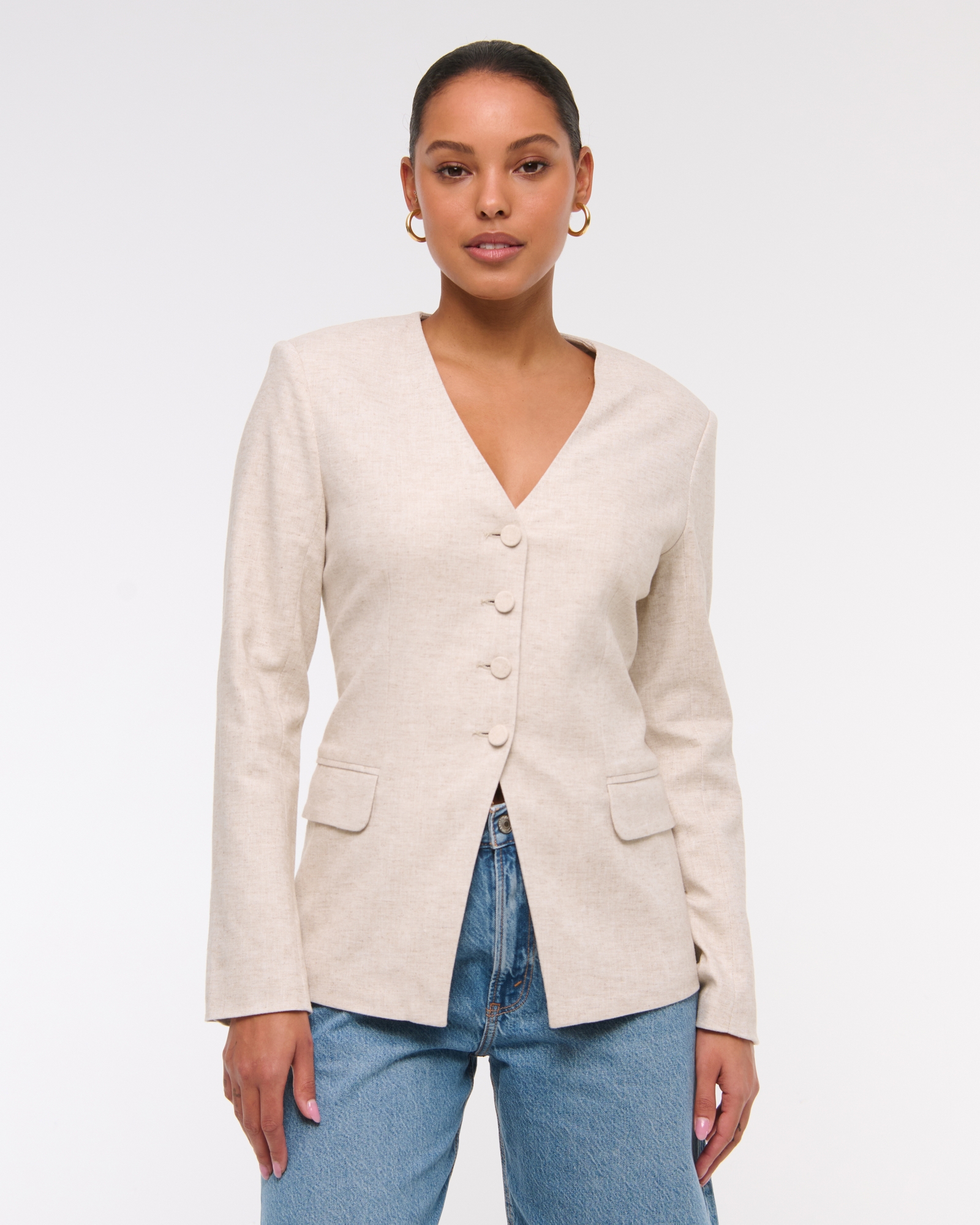 Linen-Blend Collarless Blazer