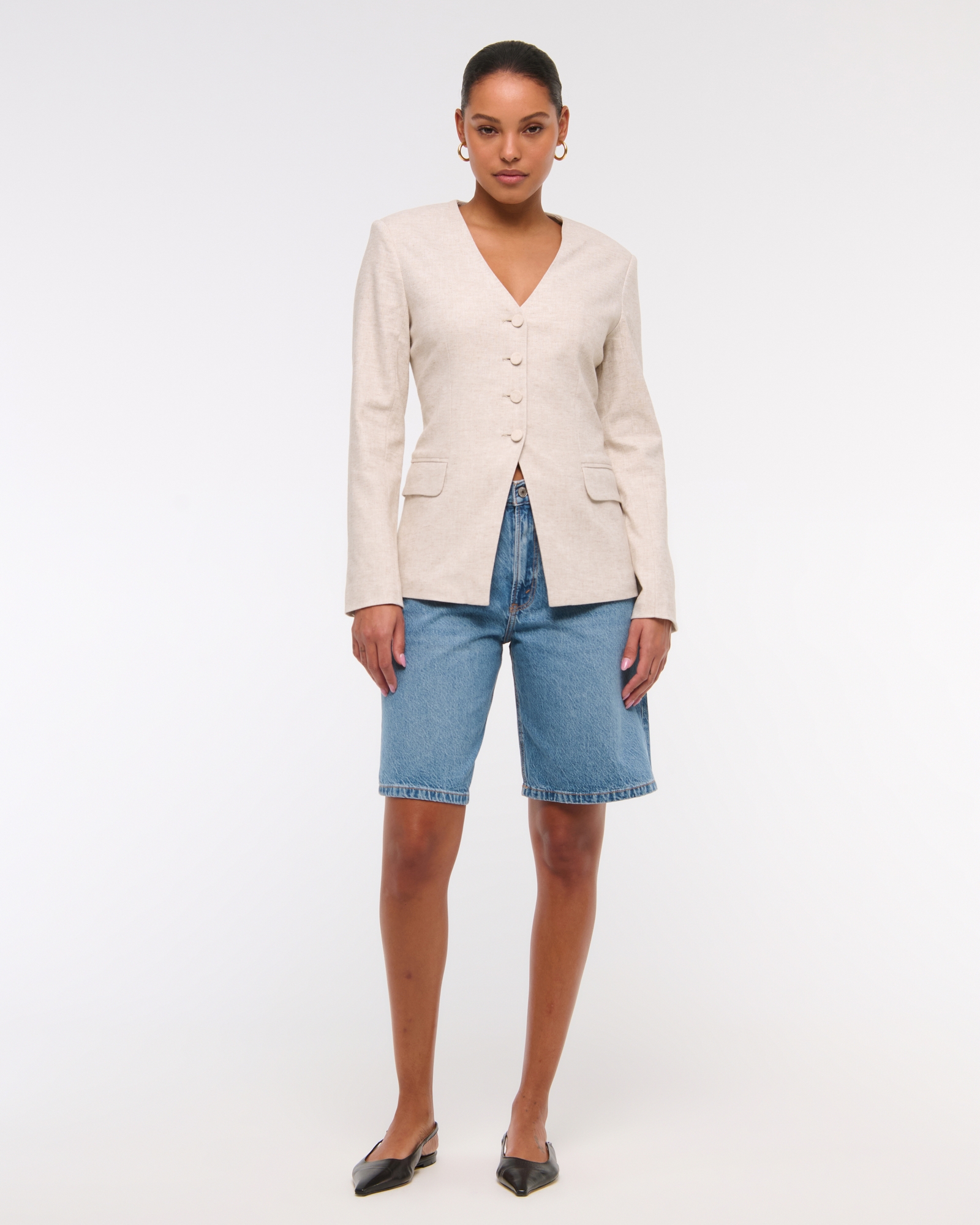 Linen-Blend Collarless Blazer