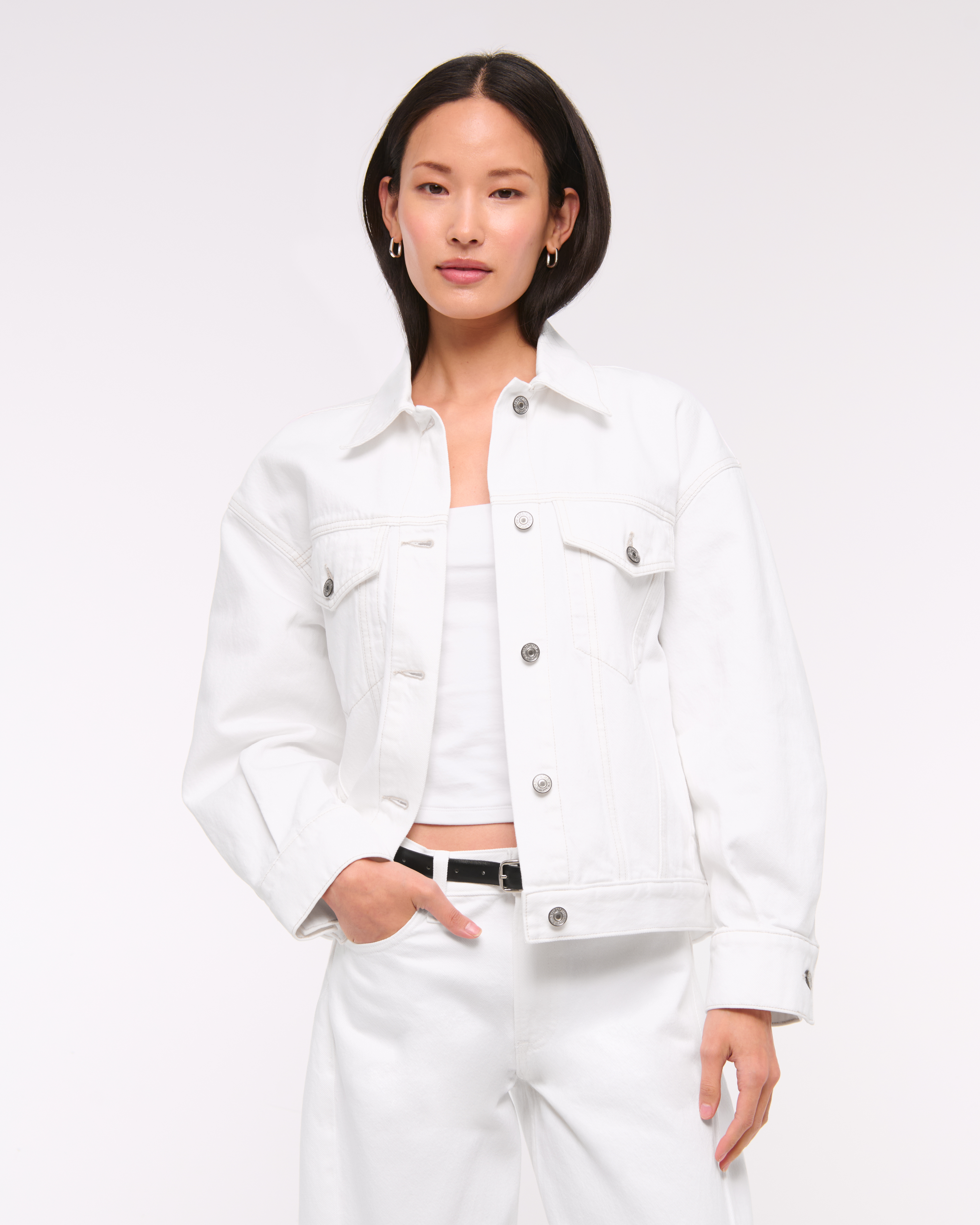 Abercrombie & Fitch Oversized Distressed Denim Trucker Jacket In White