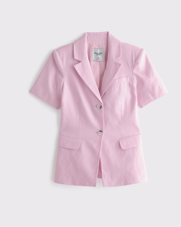 Short-Sleeve Premium Linen Blazer, Light Pink view 1