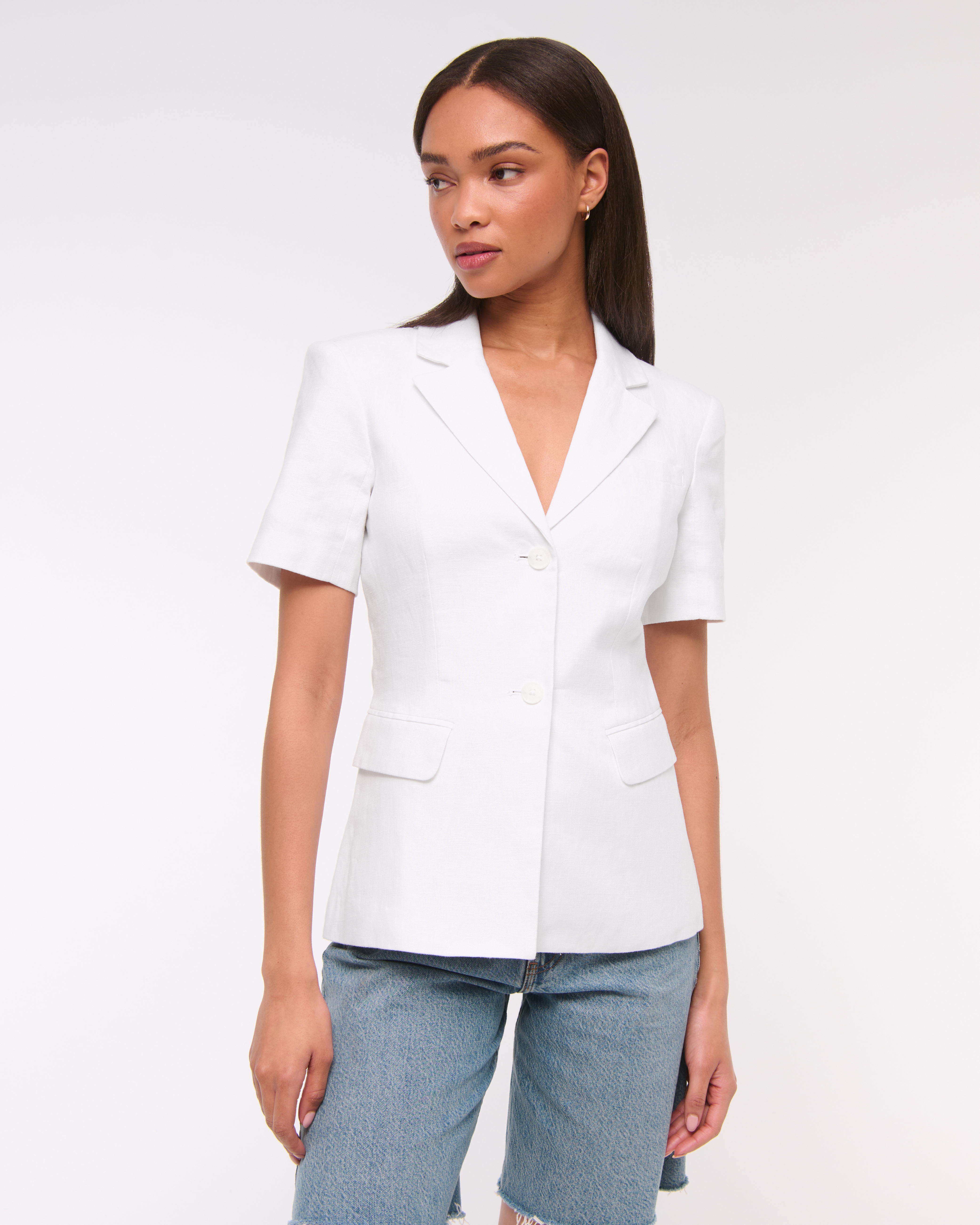Abercrombie & Fitch Short-sleeve Premium Linen Blazer In White