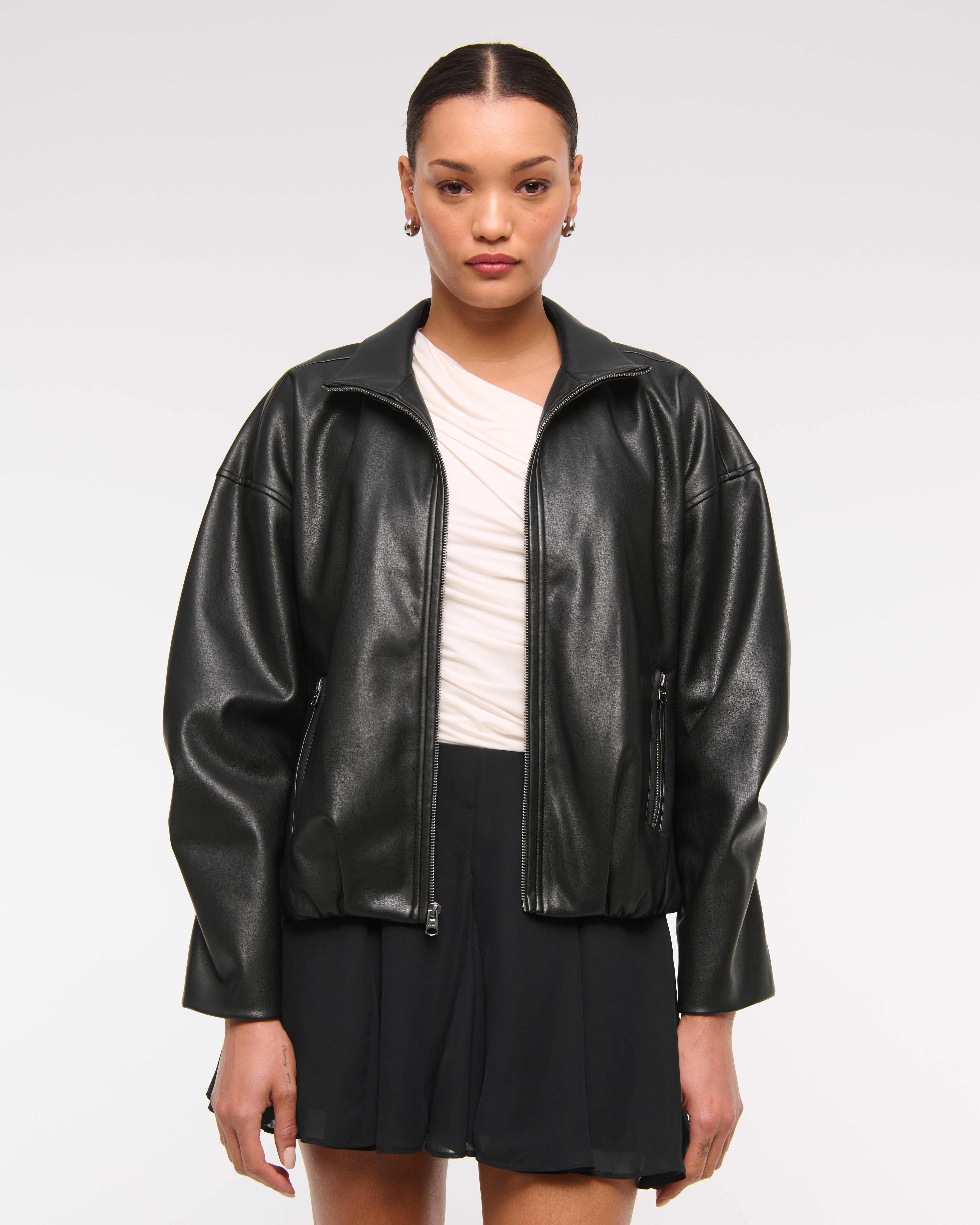 Abercrombie & Fitch Bubble Hem Vegan Leather Bomber Jacket In Black
