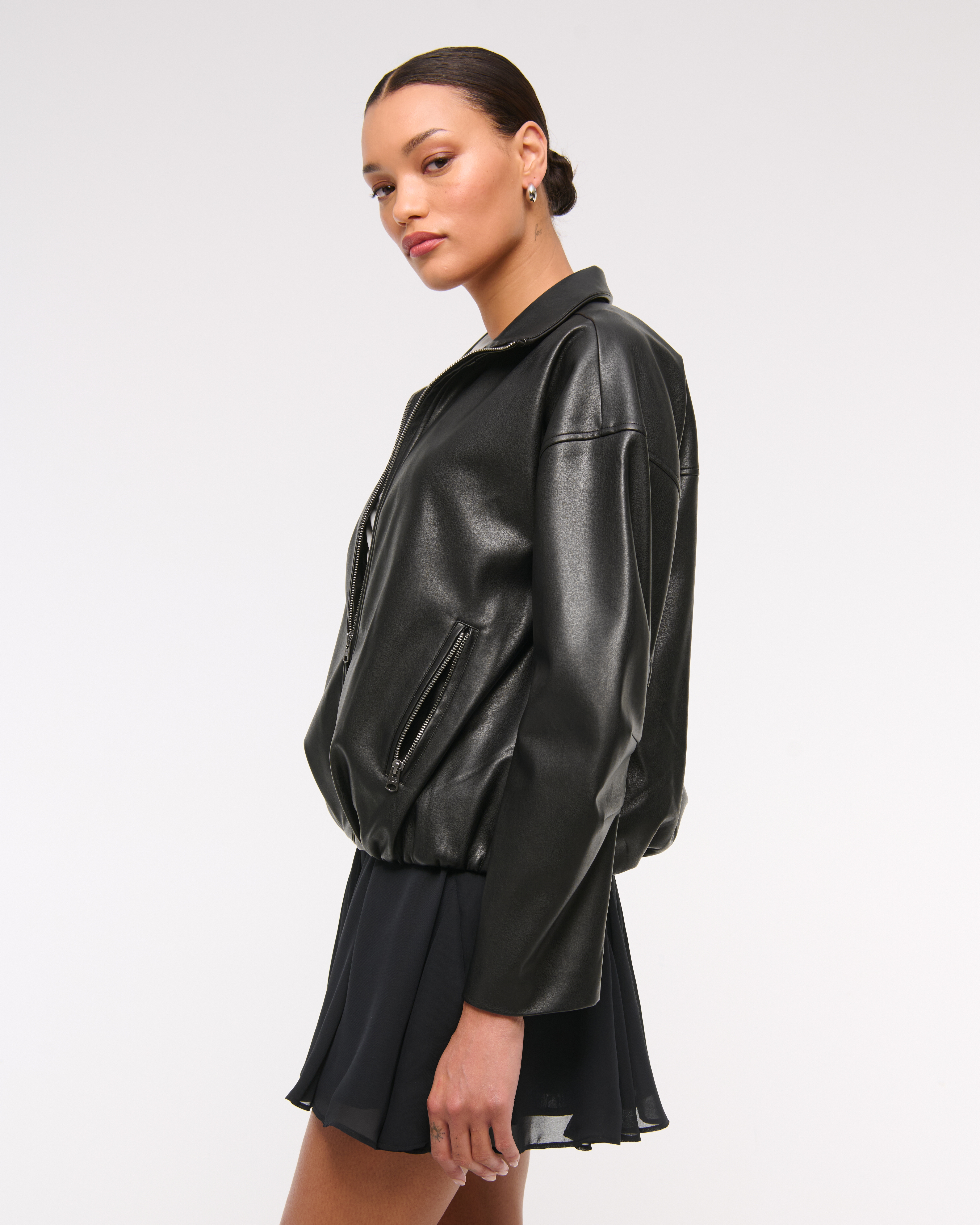 Abercrombie & Fitch Bubble Hem Vegan Leather Bomber Jacket In Black