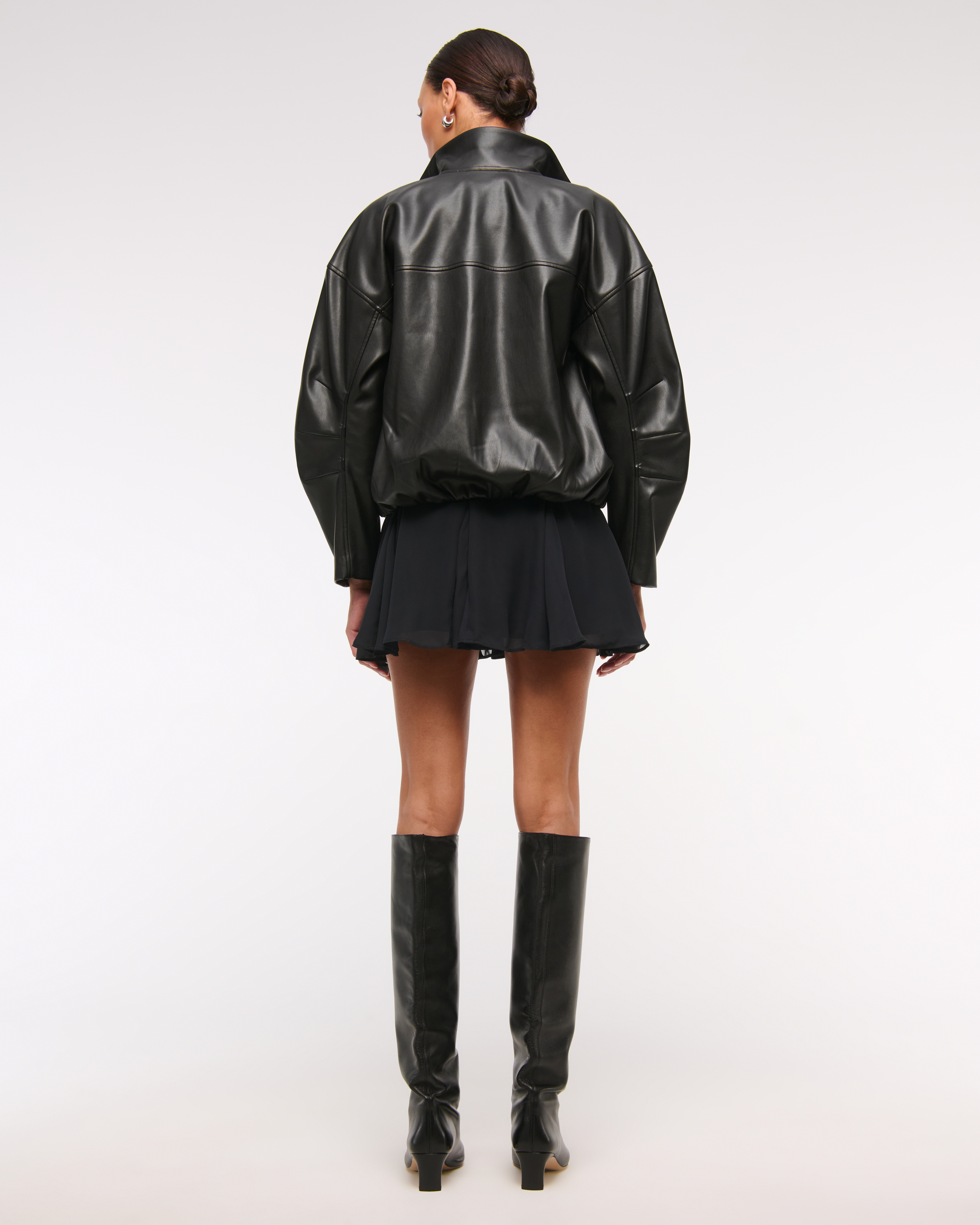 Abercrombie & Fitch Bubble Hem Vegan Leather Bomber Jacket In Black