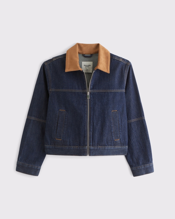 Denim Zip-Up Jacket, Dark Denim view 1