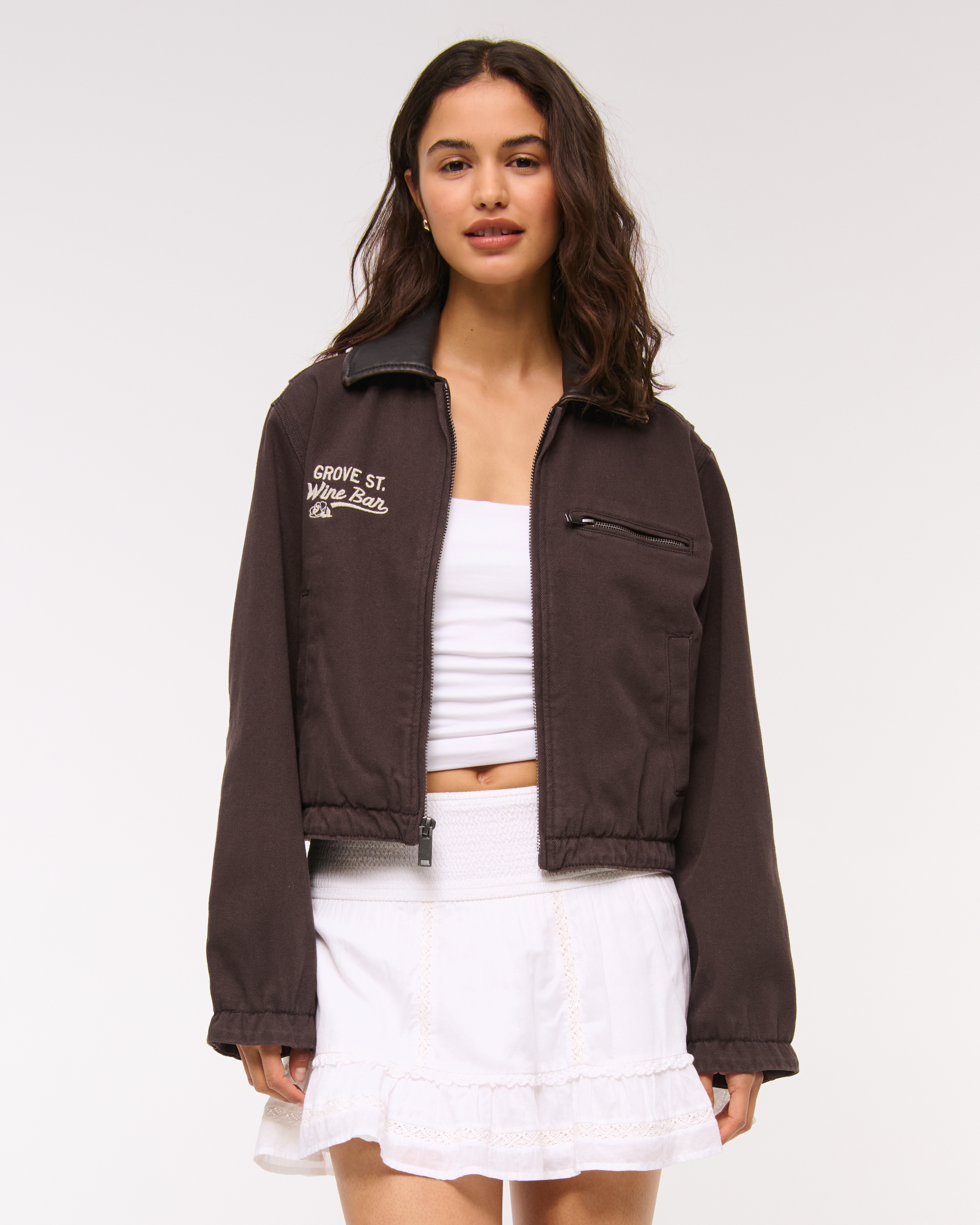Abercrombie & Fitch Cropped Twill Trucker Jacket In Brown