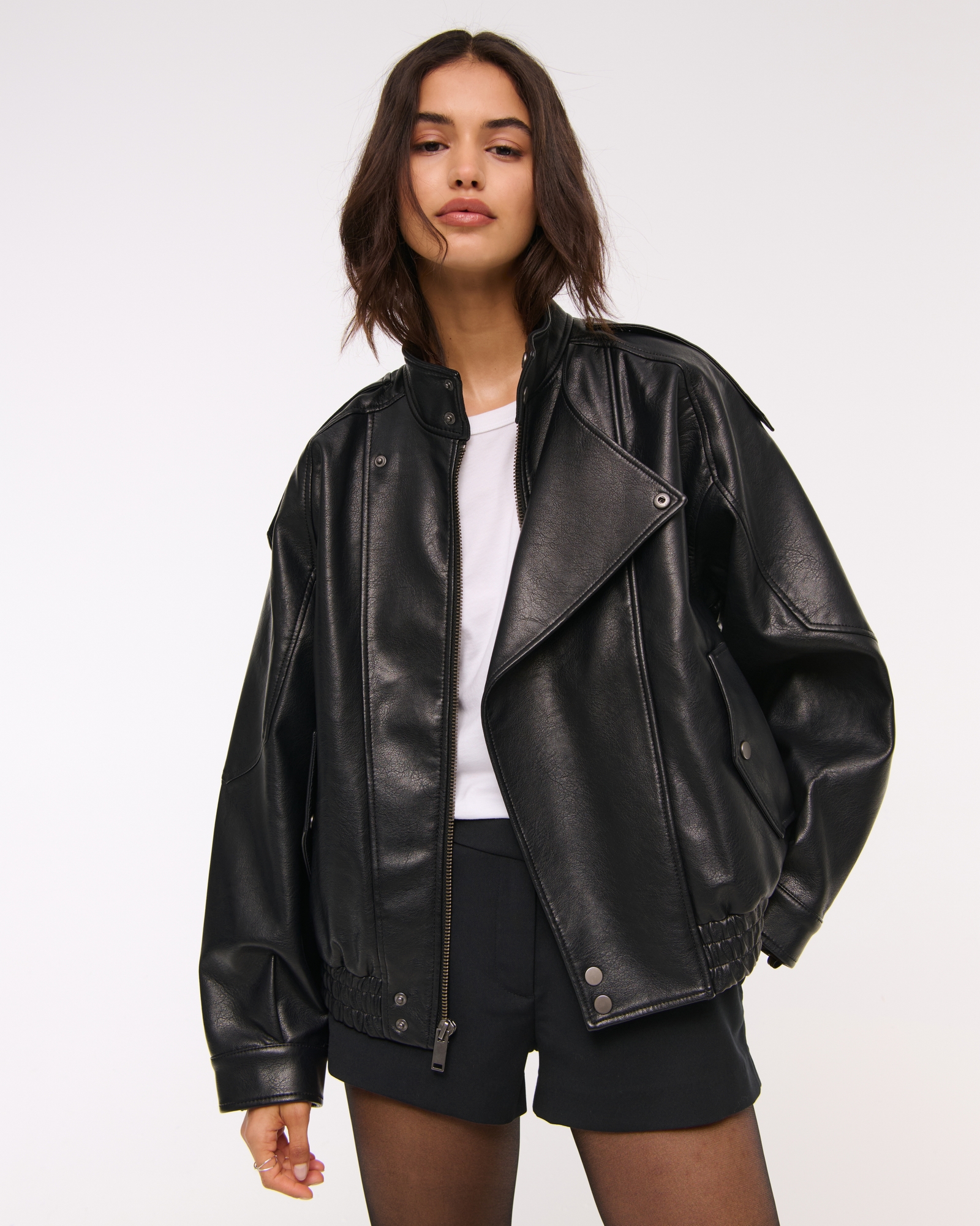 Relaxed Mockneck Vegan Leather Bomber Jacket