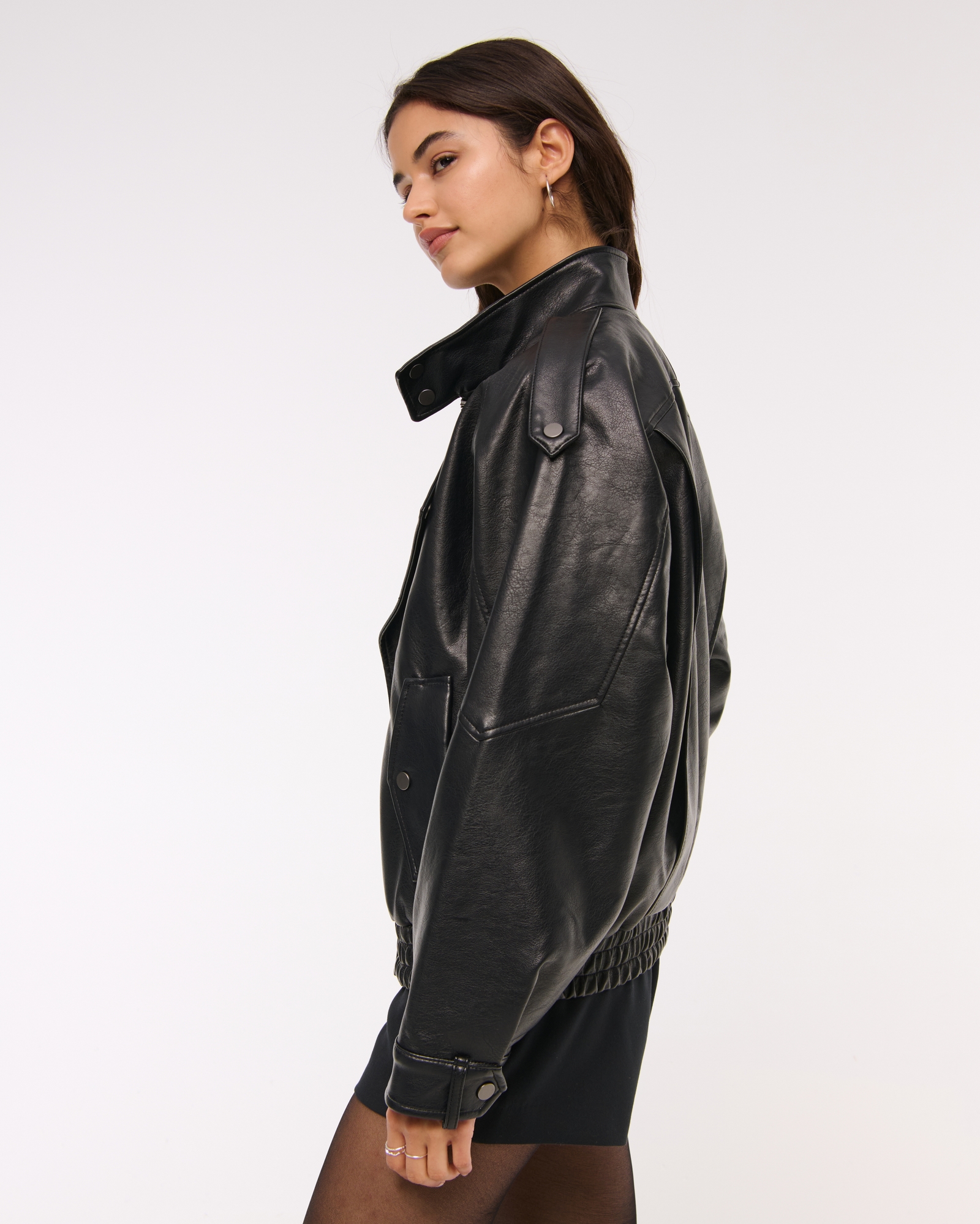 Relaxed Mockneck Vegan Leather Bomber Jacket