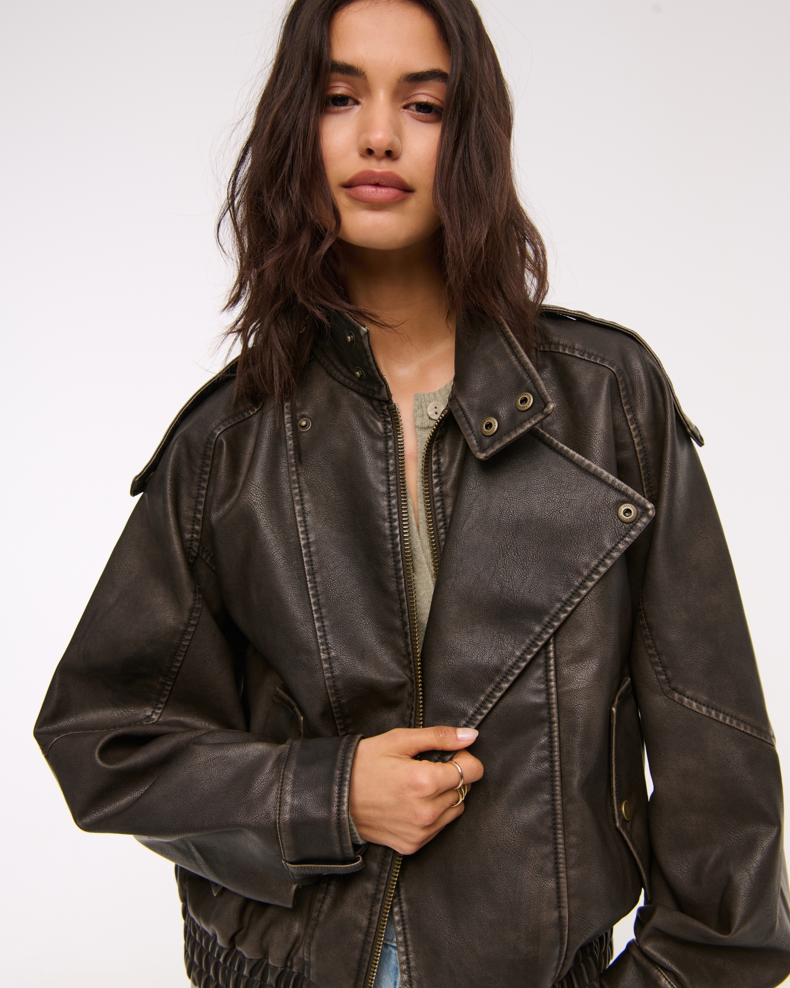 Relaxed Mockneck Vegan Leather Bomber Jacket