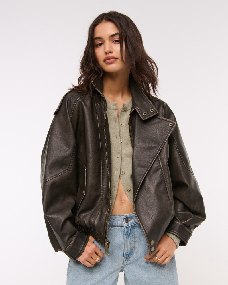 Relaxed Mockneck Vegan Leather Bomber Jacket