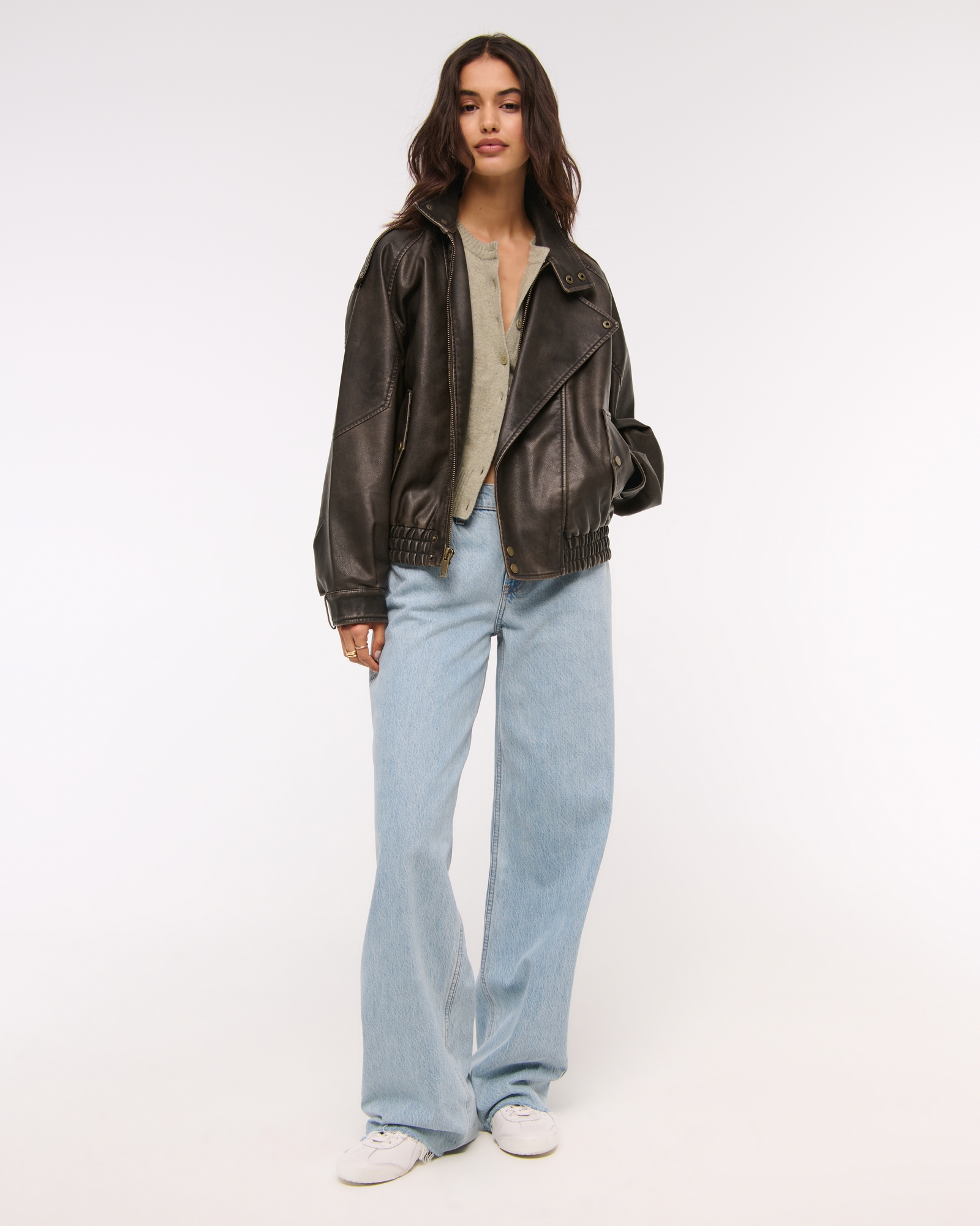 Relaxed Mockneck Vegan Leather Bomber Jacket