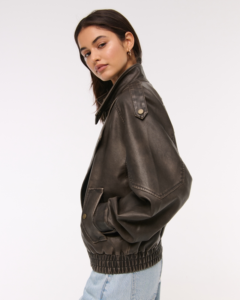 Relaxed Mockneck Vegan Leather Bomber Jacket