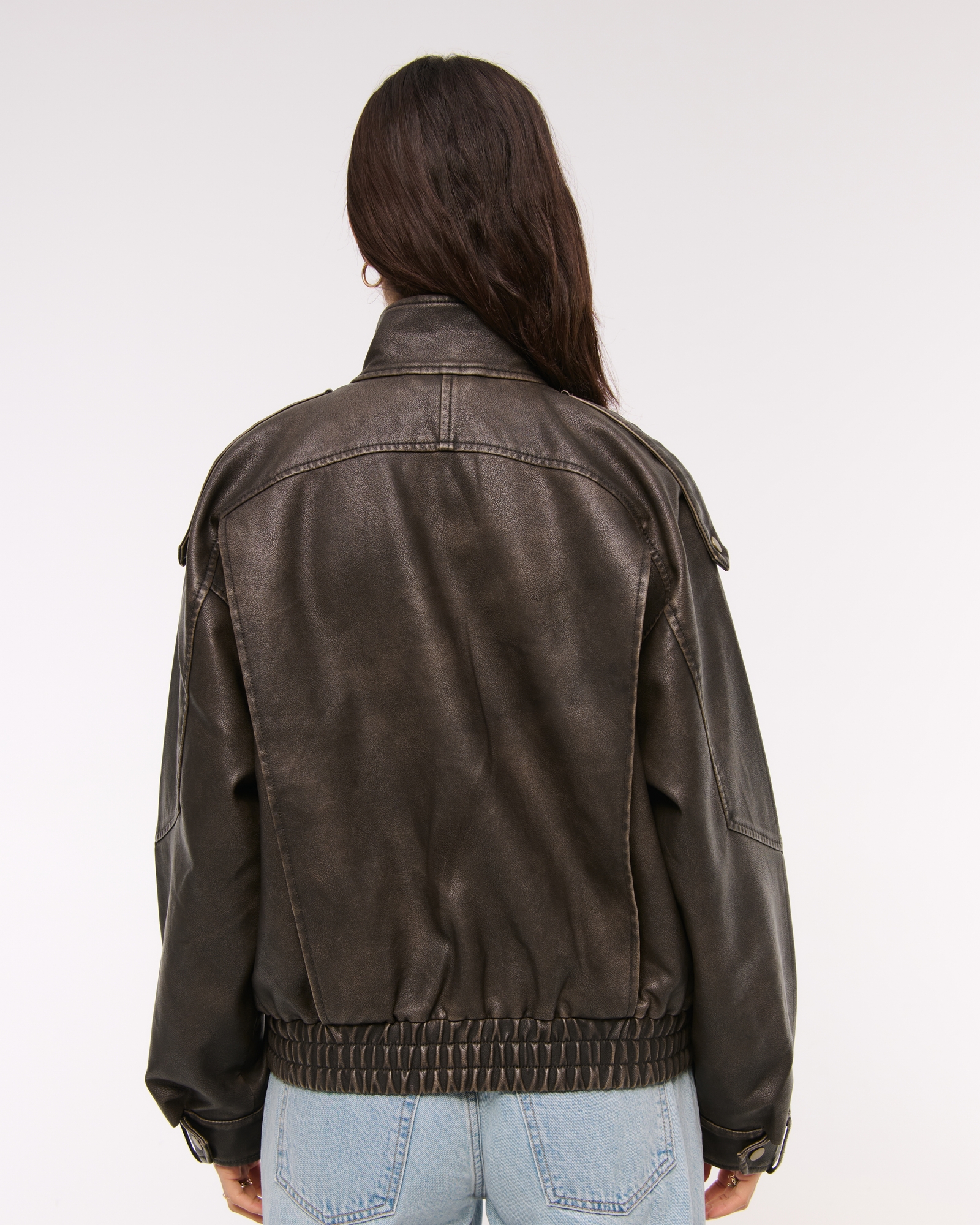 Relaxed Mockneck Vegan Leather Bomber Jacket