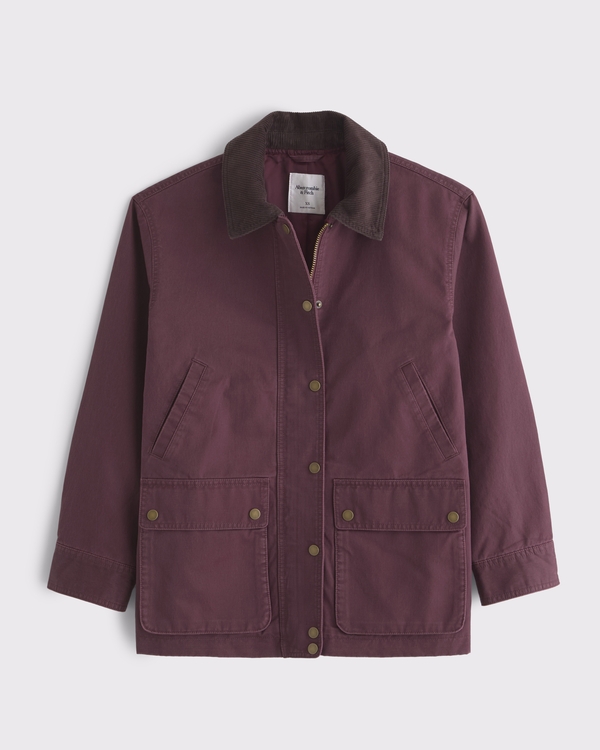 Mid-Length Waxed Barn Jacket, Burgundy view 1