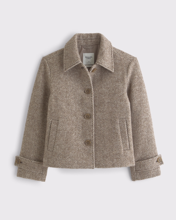 Short Wool-Blend Coat, Brown Herringbone view 1