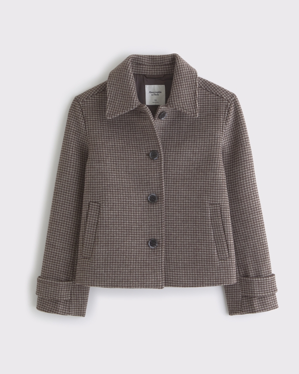 Short Wool-Blend Coat, Brown Houndstooth view 1