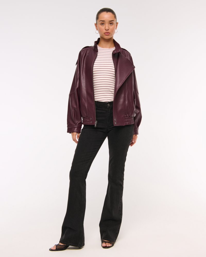 Relaxed Mockneck Vegan Leather Bomber Jacket