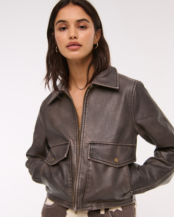 Short Vegan Leather Utility Jacket, Dark Coffee view 1