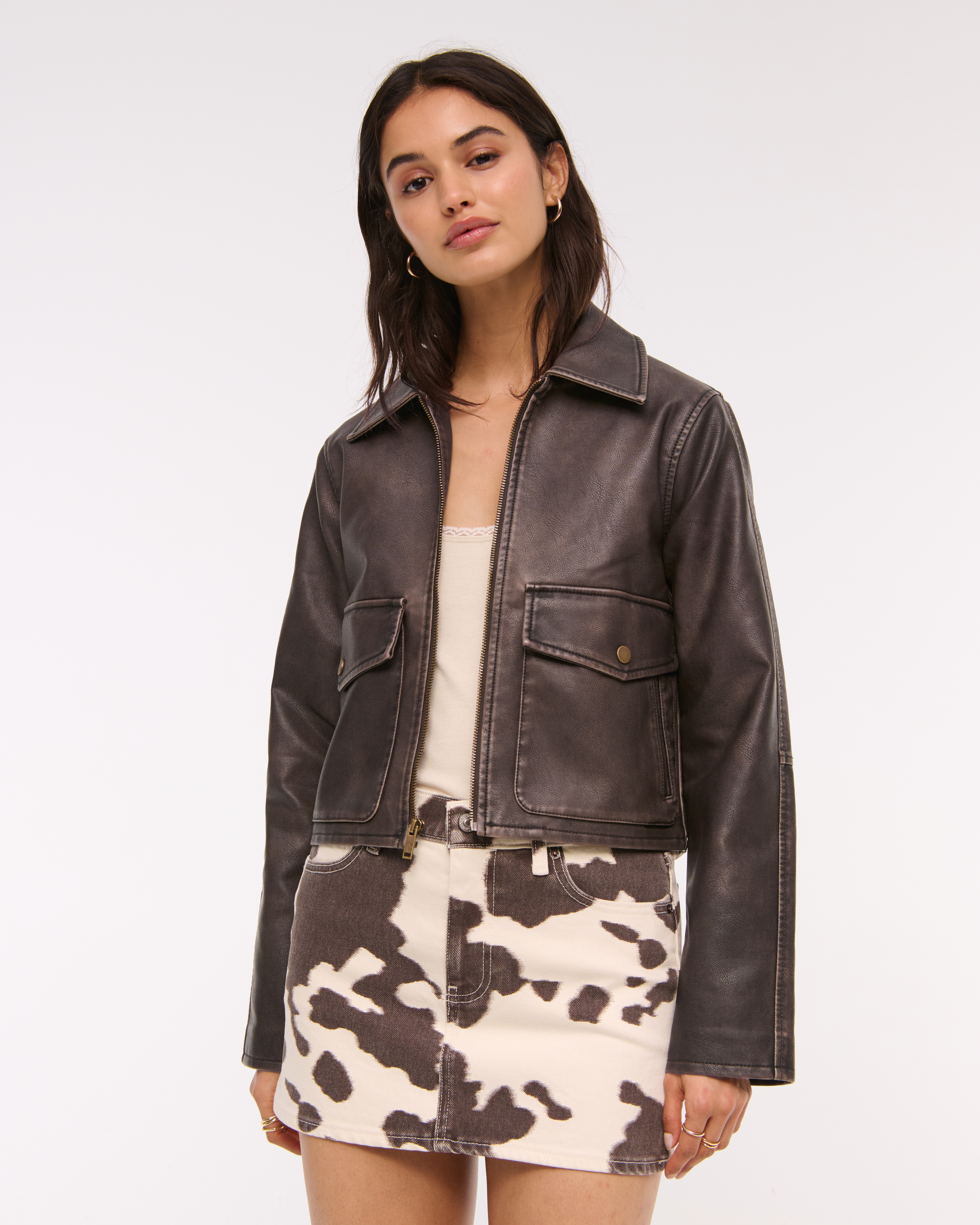 Women's Short Vegan Leather Utility Jacket | Women's Coats