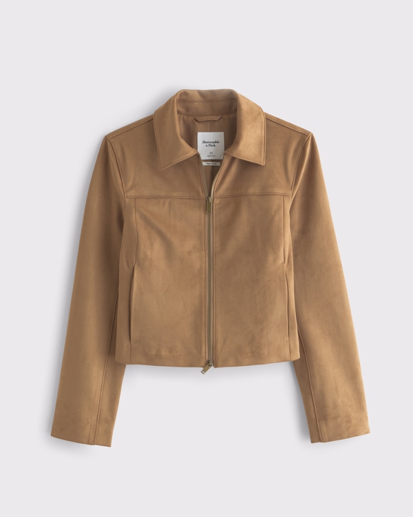 Slim Zip Vegan Suede Jacket, Brown view 1