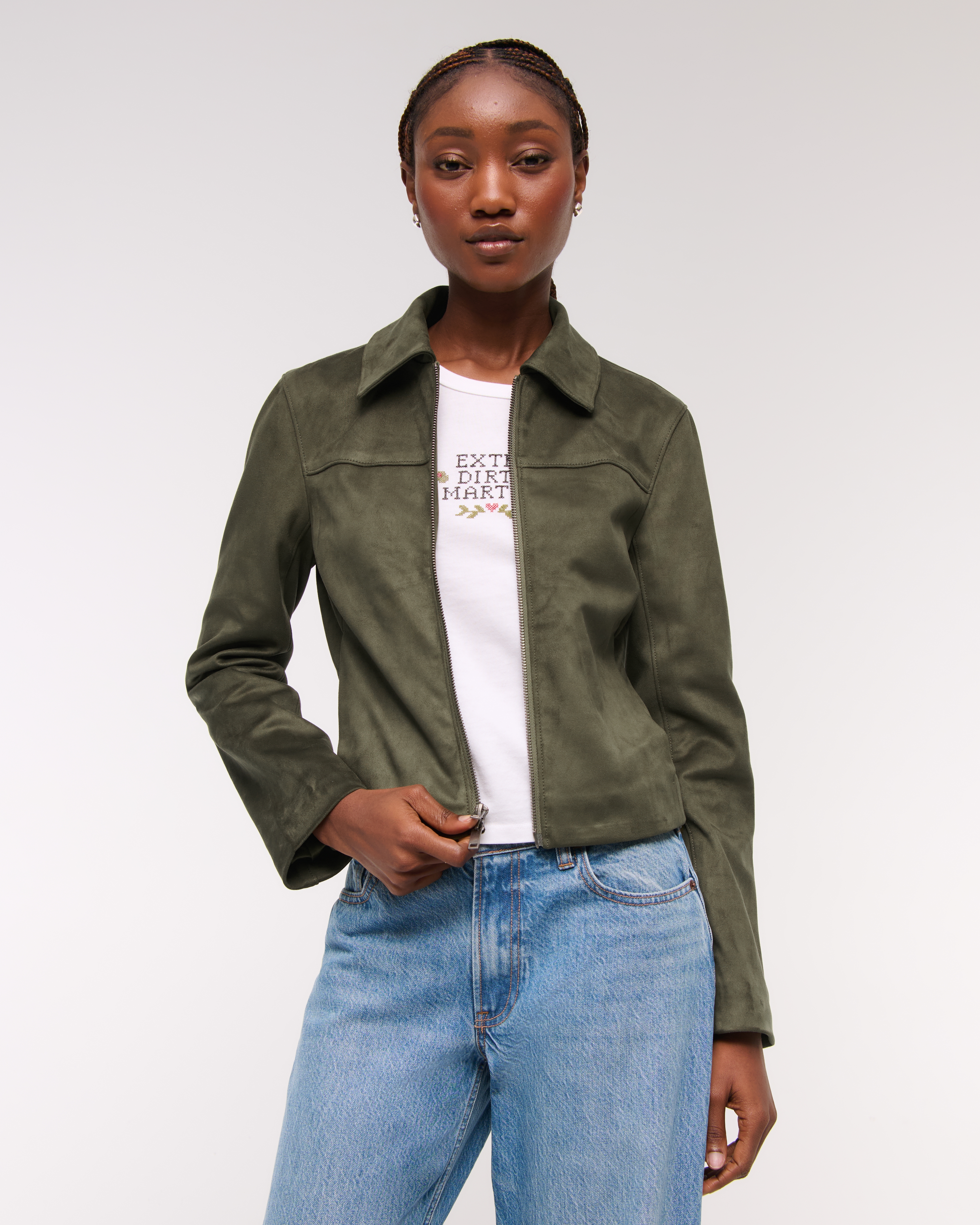 Abercrombie & Fitch Slim Zip Vegan Suede Jacket In Green