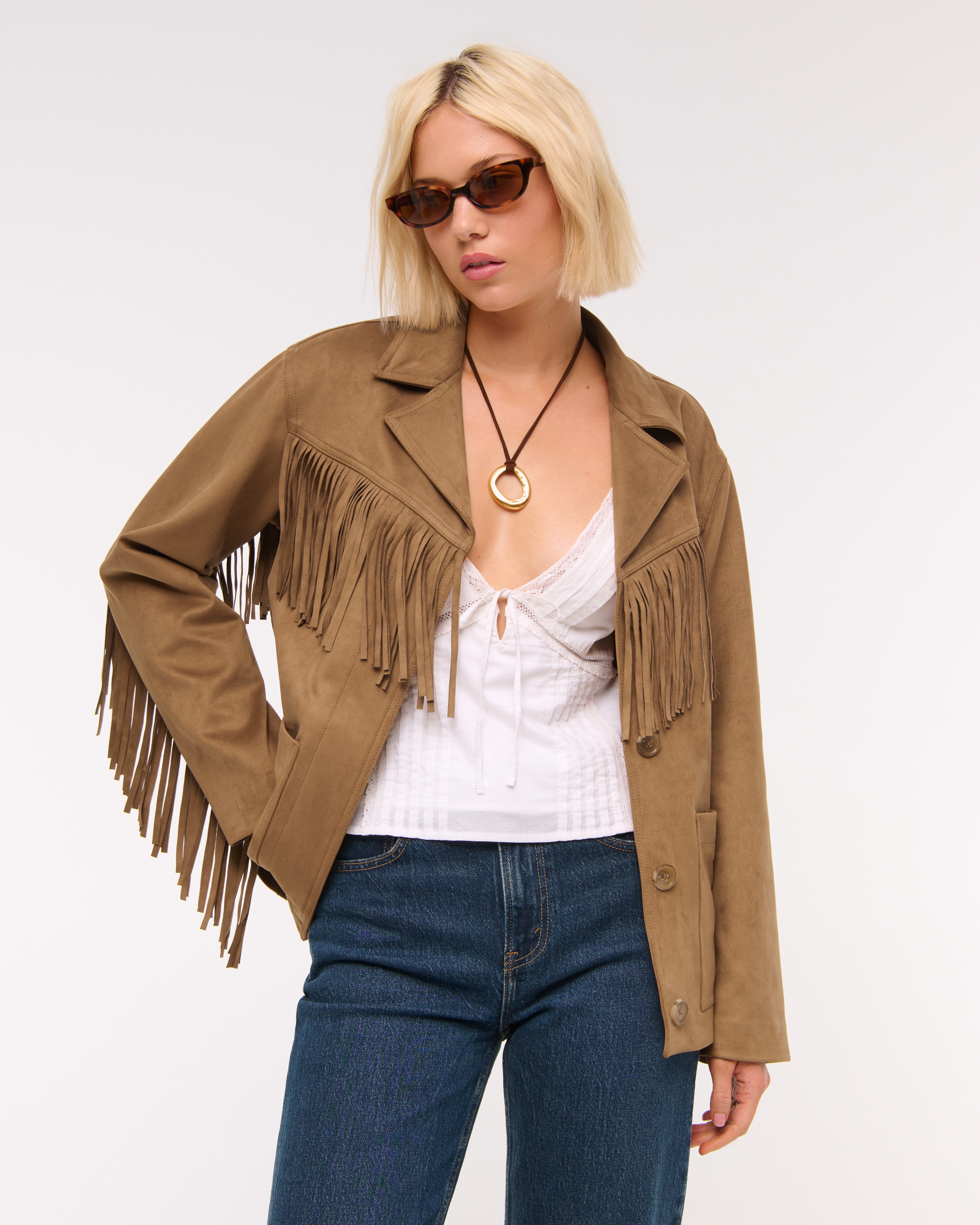 Abercrombie & Fitch Vegan Suede Fringe Jacket In Brown