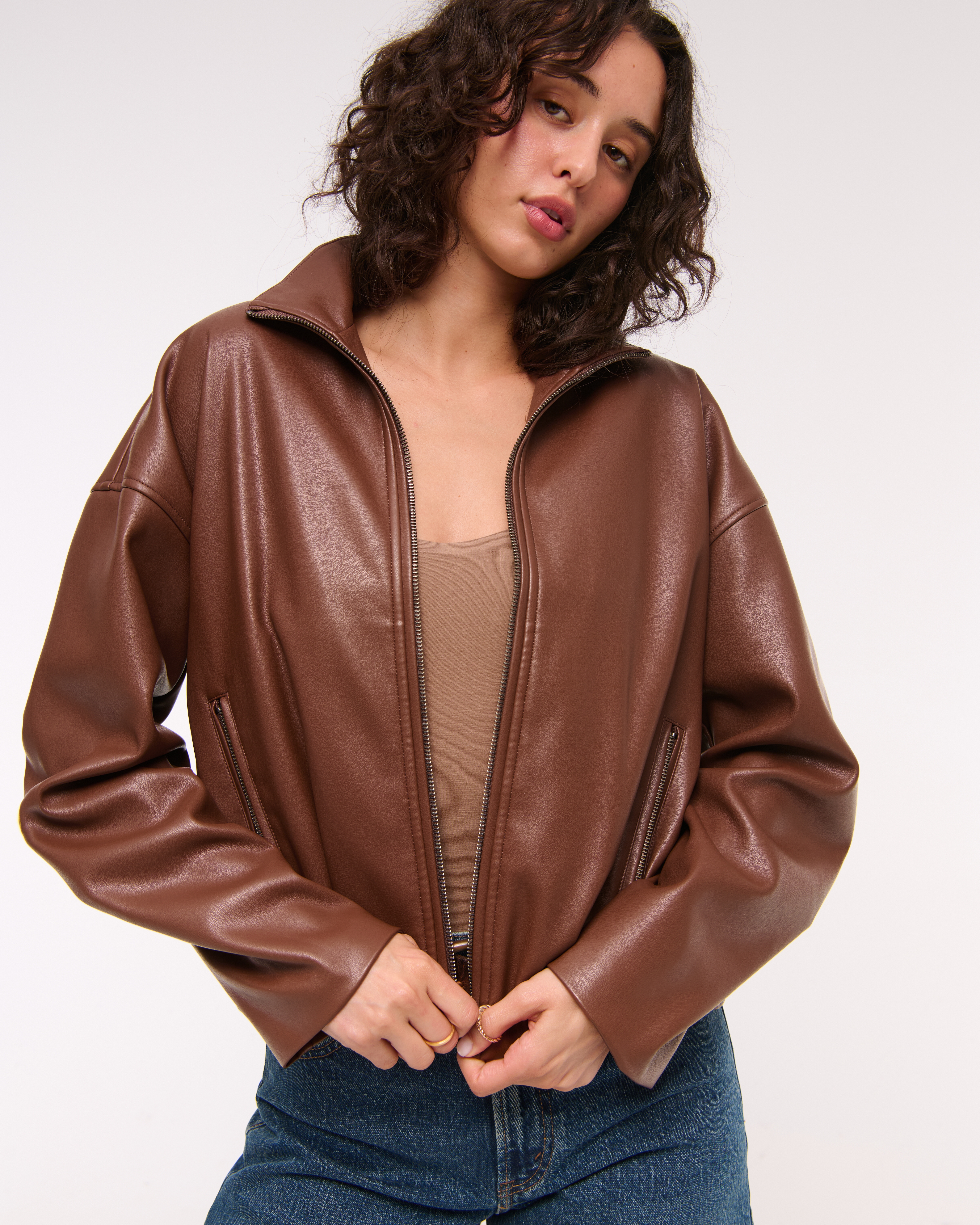 Abercrombie & Fitch Bubble Hem Vegan Leather Bomber Jacket In Brown
