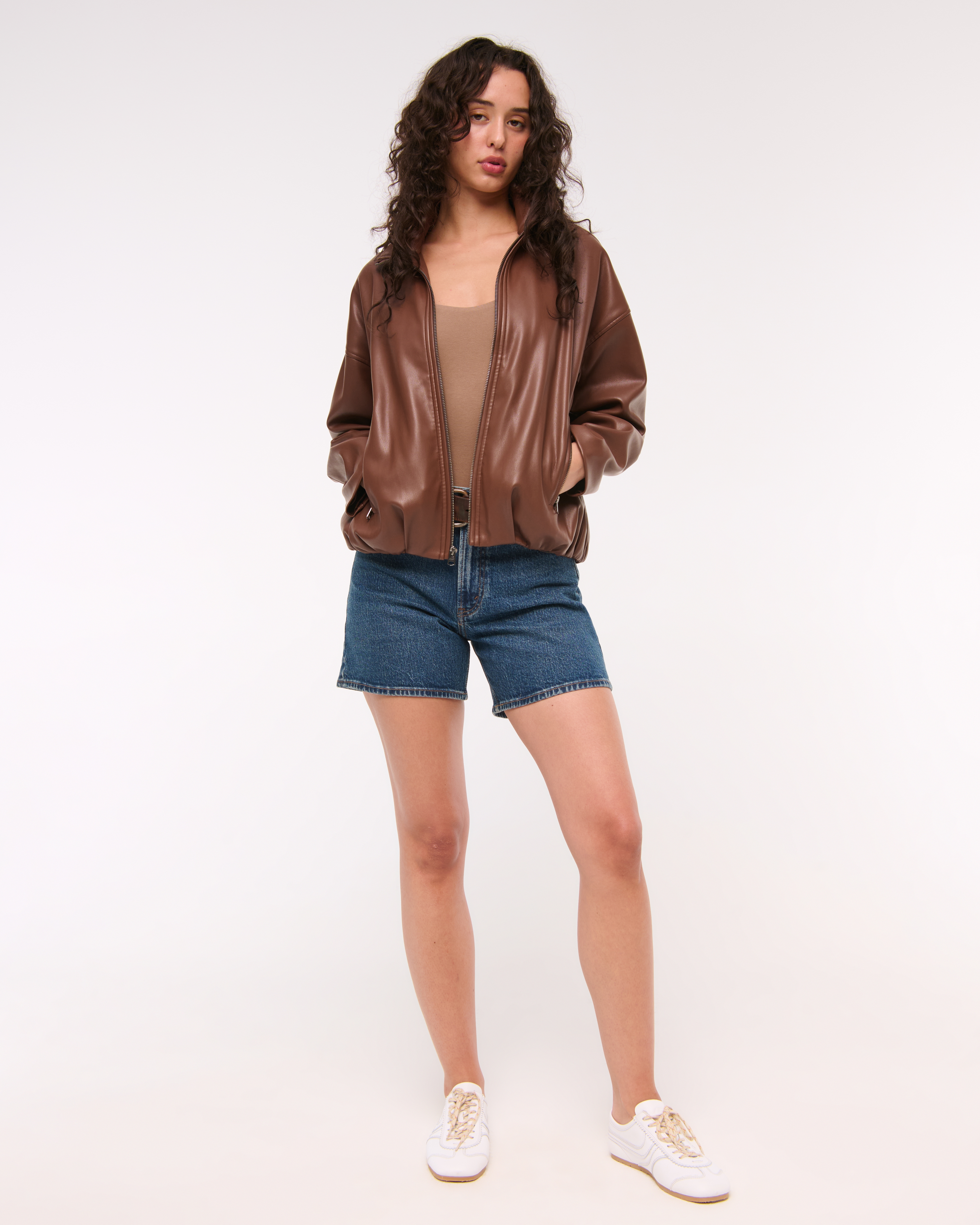 Abercrombie & Fitch Bubble Hem Vegan Leather Bomber Jacket In Brown