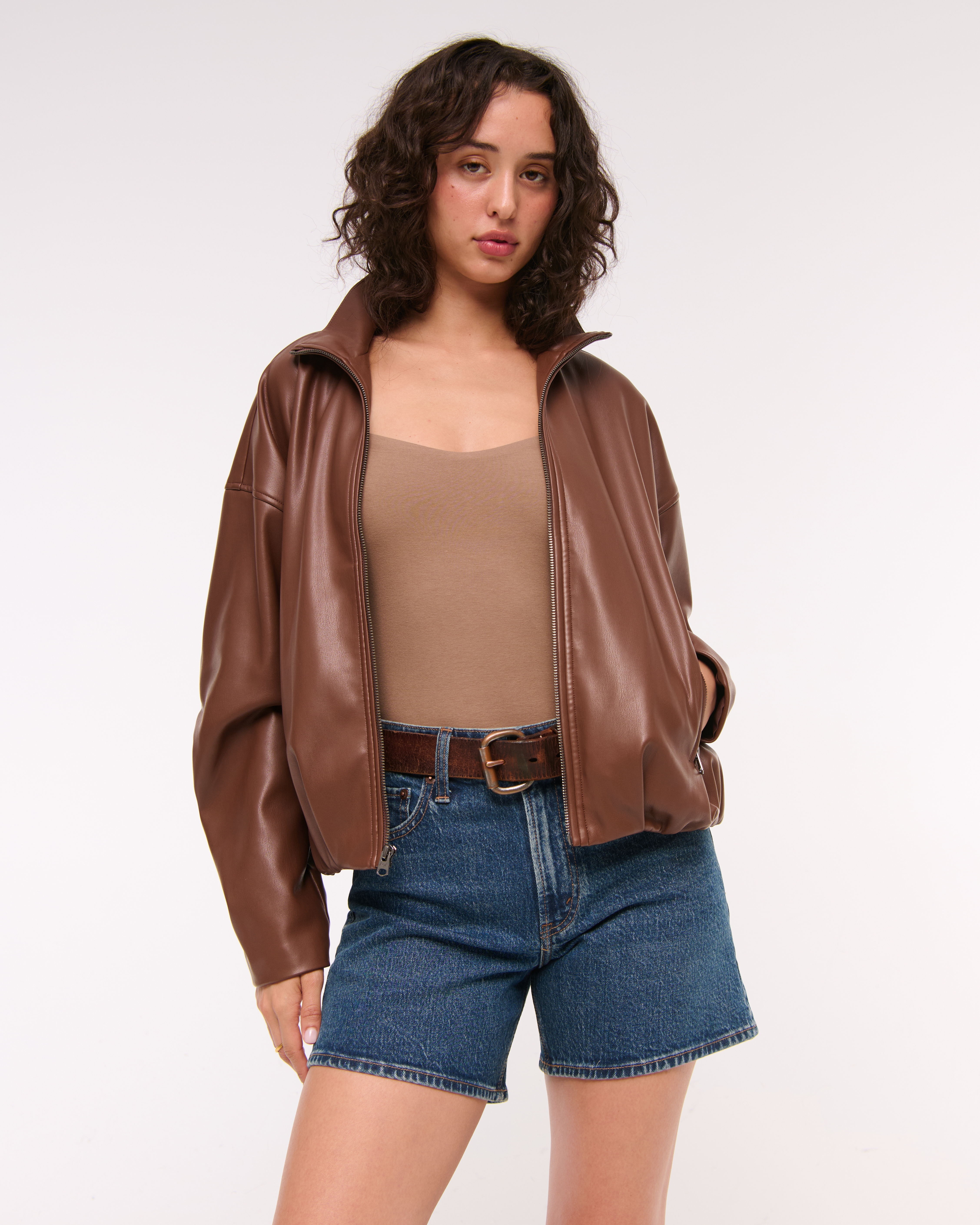 Abercrombie & Fitch Bubble Hem Vegan Leather Bomber Jacket In Brown