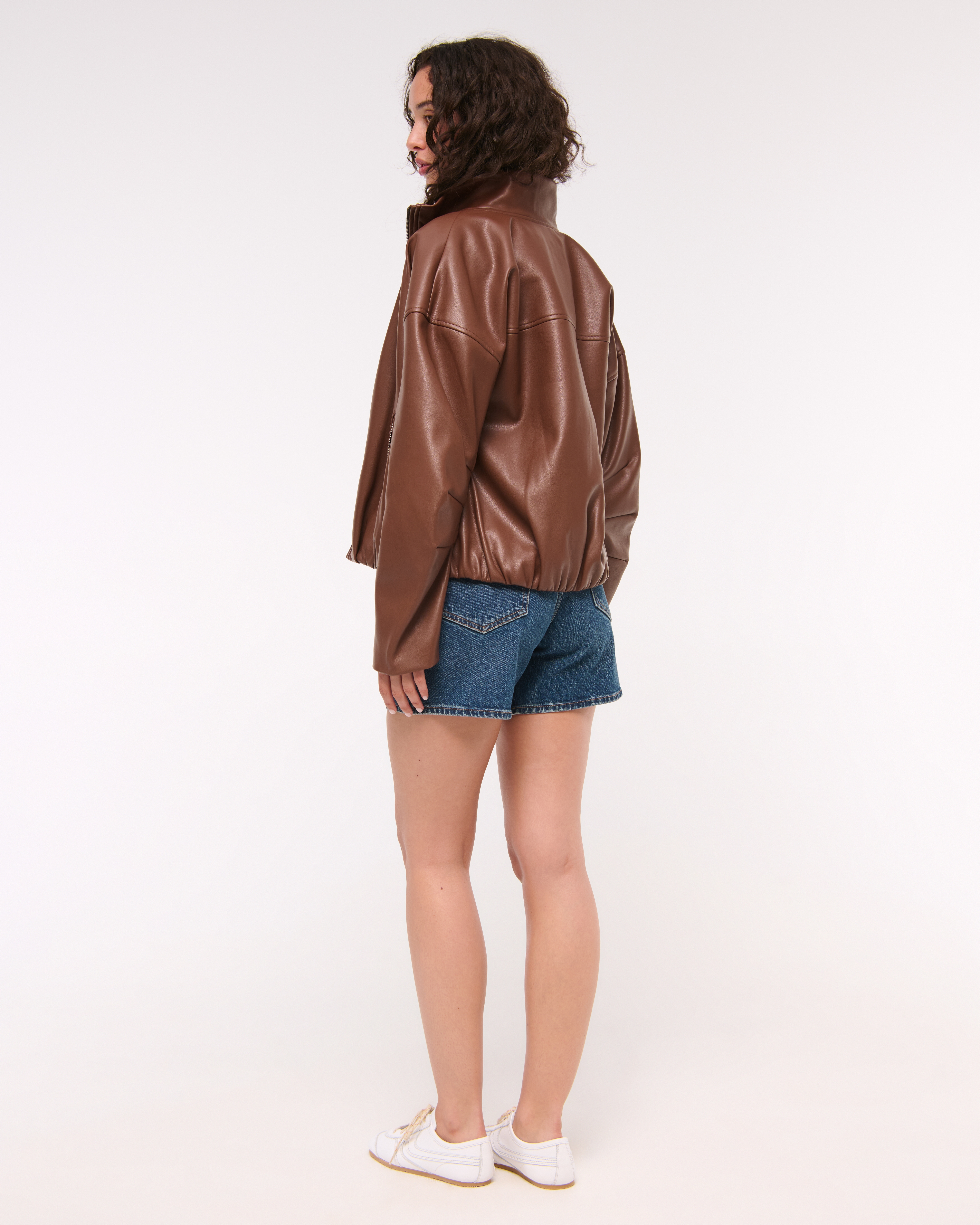 Abercrombie & Fitch Bubble Hem Vegan Leather Bomber Jacket In Brown