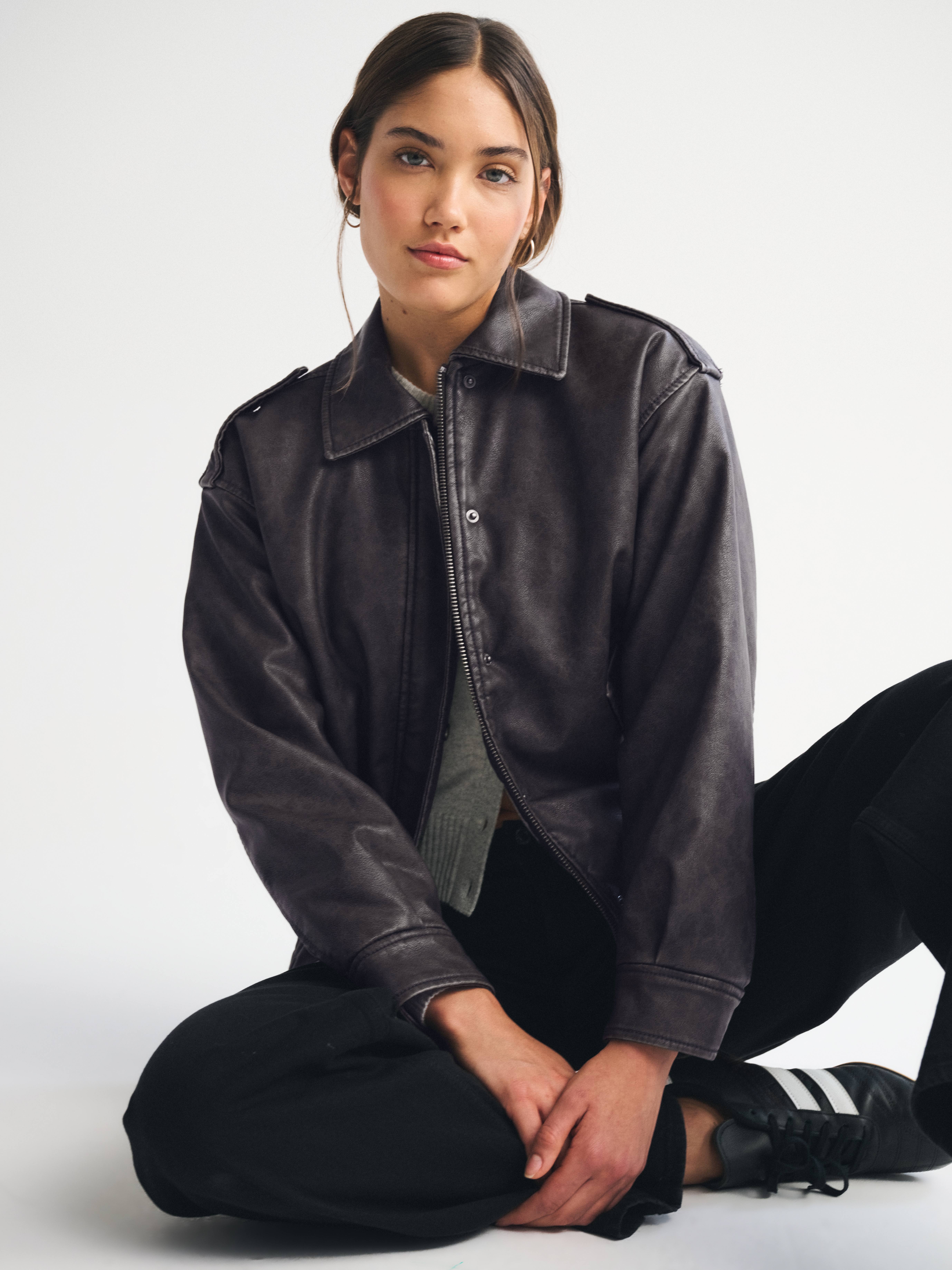 Abercrombie & Fitch Vegan Leather Distressed Bomber Jacket In Black