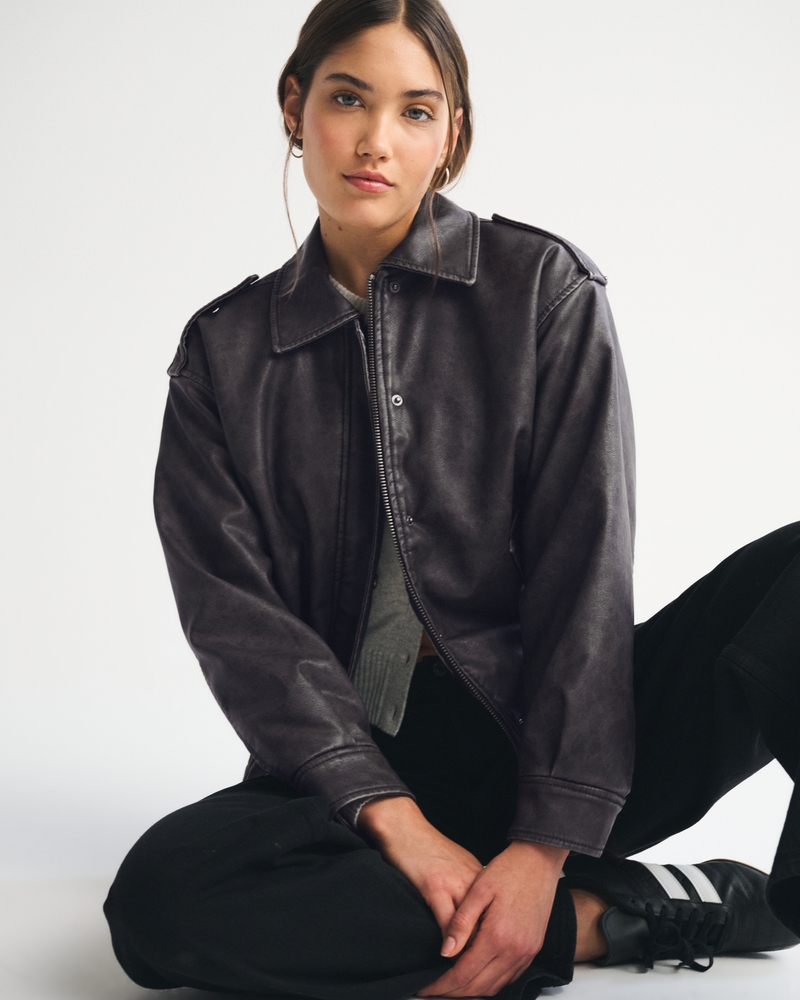 Vegan Leather Distressed Bomber Jacket