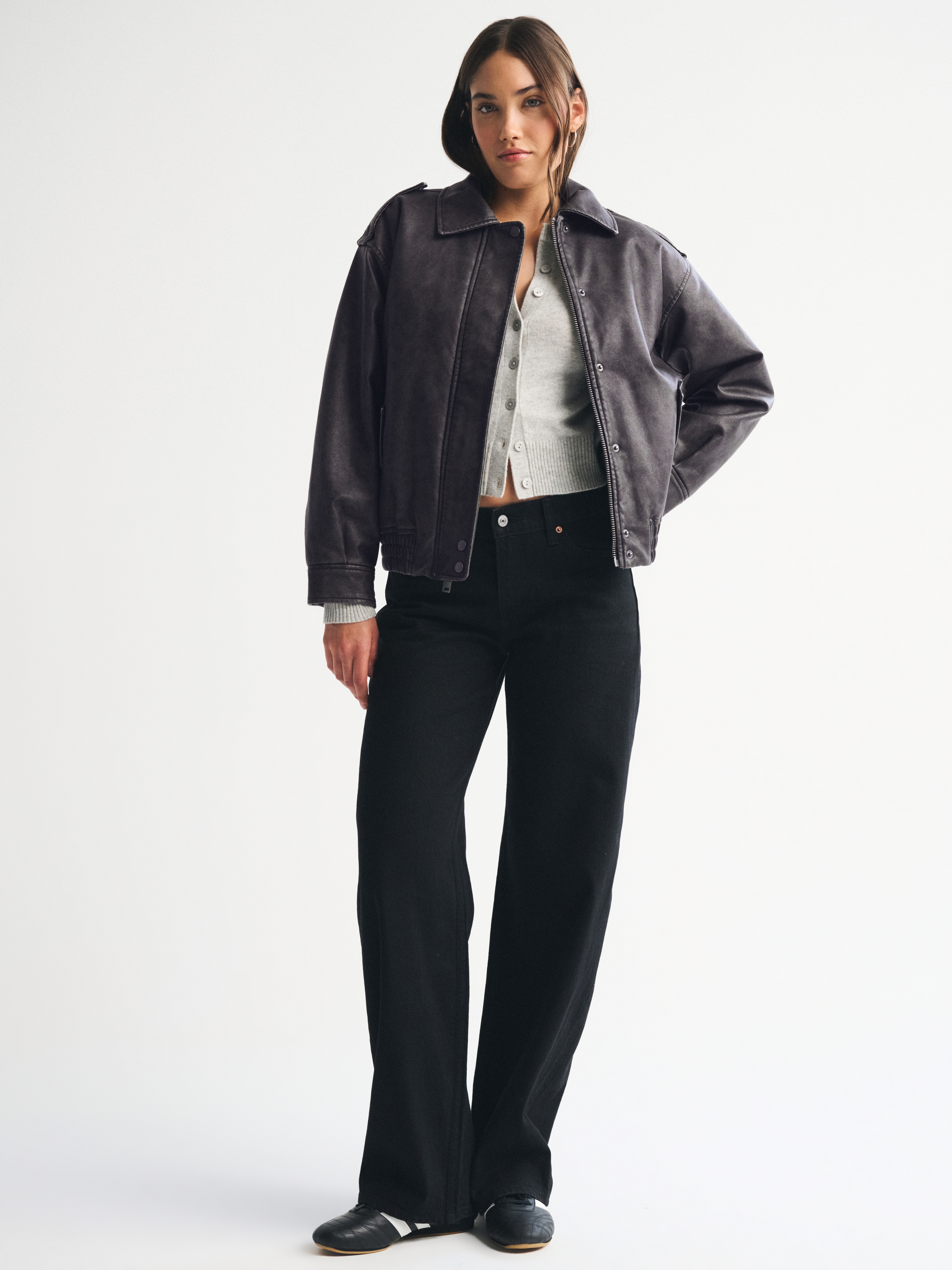 Abercrombie & Fitch Vegan Leather Distressed Bomber Jacket In Black