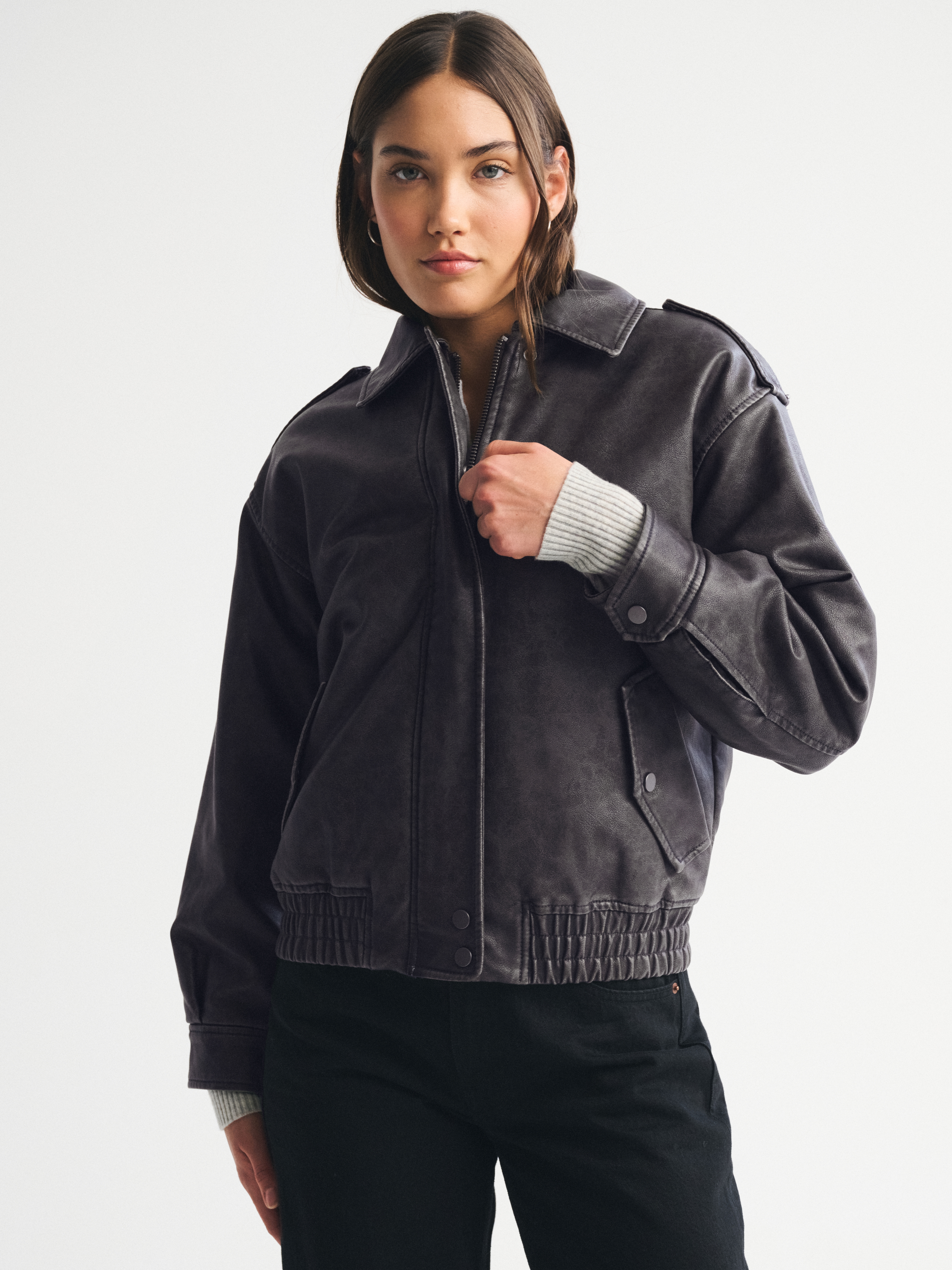 Abercrombie & Fitch Vegan Leather Distressed Bomber Jacket In Black