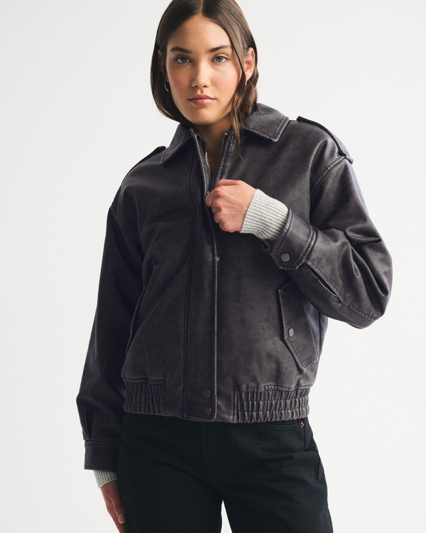 Vegan Leather Distressed Bomber Jacket
