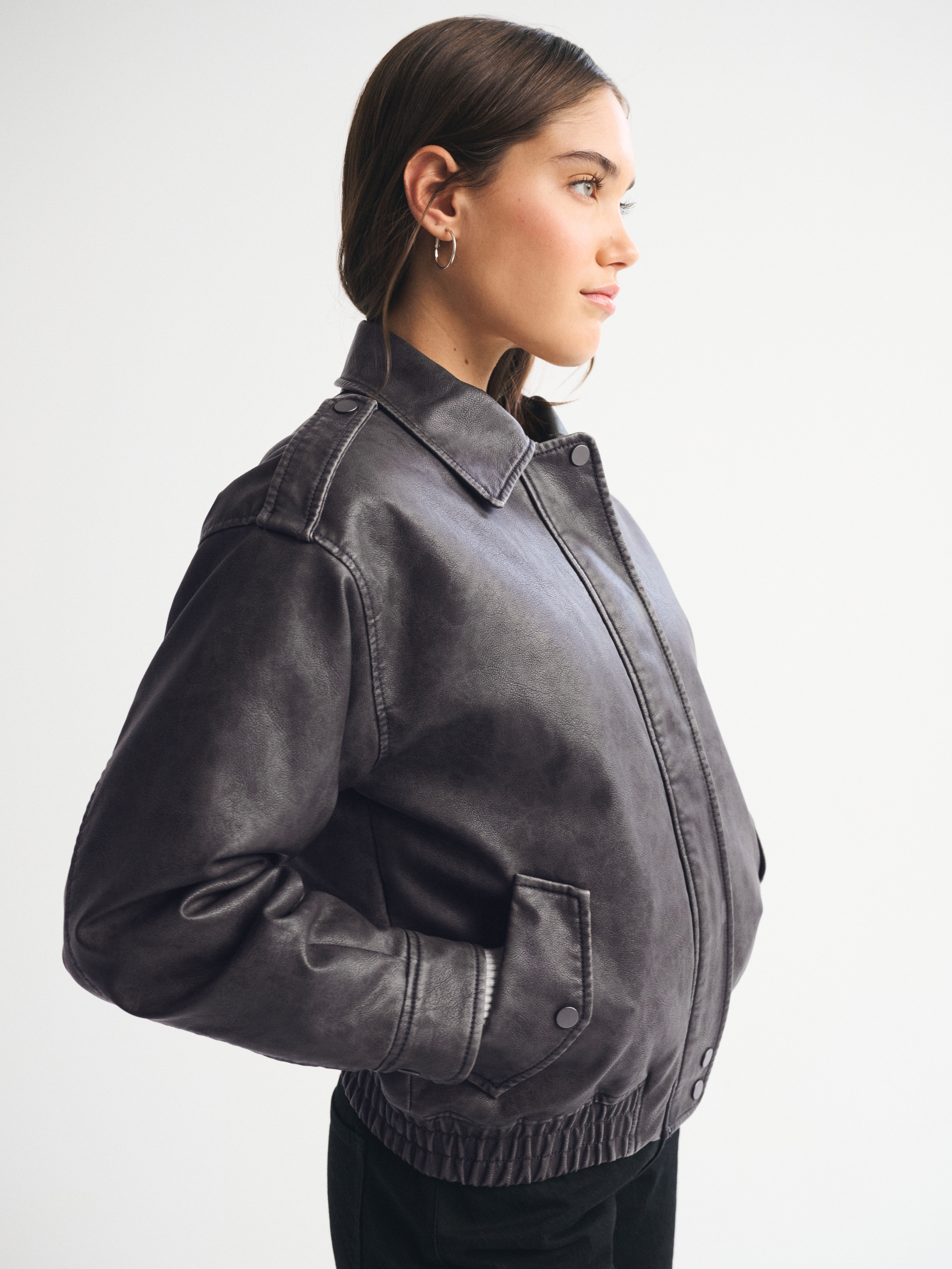 Abercrombie & Fitch Vegan Leather Distressed Bomber Jacket In Black