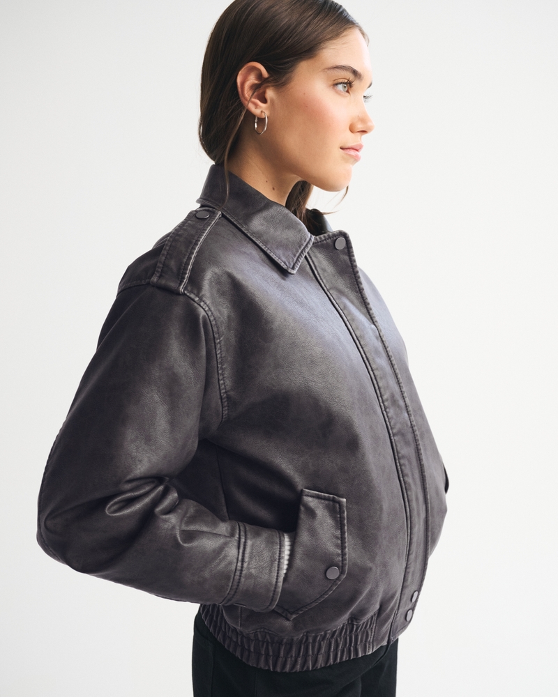 Vegan Leather Distressed Bomber Jacket